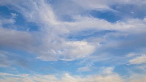 Formation and rapid movement of white clouds of different shapes in the blue sky Stock Footage 77734119