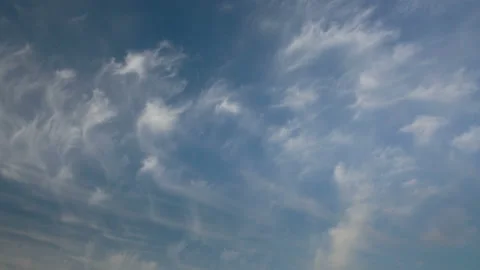 Formation and rapid movement of white clouds of different shapes in the blue sky Stock Footage 90398635