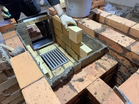 Formation of a fireclay core for a solid fuel furnace. A bricklayer is laying Stock Photos