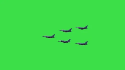 Formation of five fighter jets flying across a green screen for visual effects Stock Footage 329964490