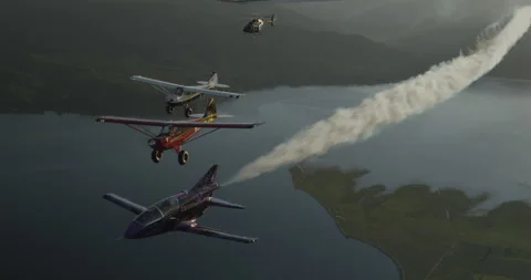 Formation Flying Micro Jet w After Burner, Huskies, Helicopter Bundle 1 - 40 Stock Footage 221225540