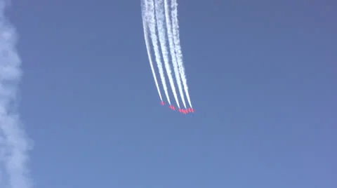 Formation jet planes doing flypast at an airshow. Clear blue sky. Stock Footage 23266128
