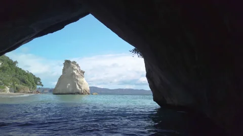 Formation know as Cathedral Cove on the coromandel Peninsula,New Zealand Stock Footage 142338877