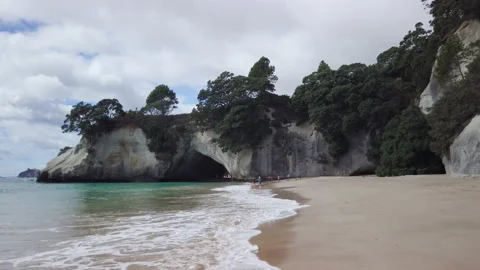 Formation know as Cathedral Cove on the coromandel Peninsula,New Zealand Stock Footage 142341916