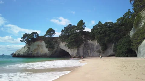 Formation know as Cathedral Cove on the coromandel Peninsula,New Zealand Stock Footage 142344648