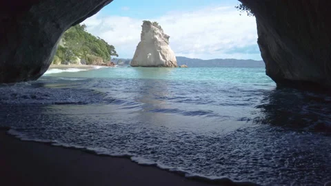 Formation know as Cathedral Cove on the coromandel Peninsula,New Zealand Stock Footage 142437891