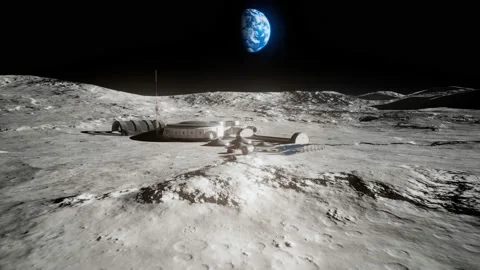 Formation of a space base at the moon. Beautiful landscape with planet Earth. Stock Footage