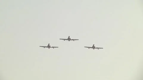 Formation of three interceptor planes flying in the airspace rushing to fulf Stock Footage 145663840
