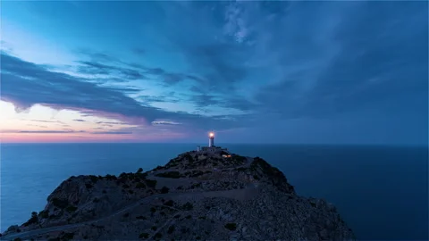 Formentor, Spain, Timelapse - The Lighthouse of Formentor during the blue hour Stock Footage 158056372