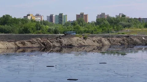 The former dump toxic waste, effects nature from contaminated soil and water Stock Footage 84215944