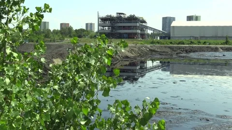 The former dump toxic waste in Ostrava, oil lagoon, water and soil contaminated Stock Footage 83938363