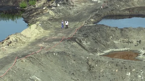 The former dump toxic waste in Ostrava, oil lagoon, contamination water and soil Stock Footage 84767745