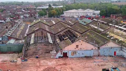 Former Glen Dimplex warehouse demolition aerial view establishing factory site Stock Footage 345407213