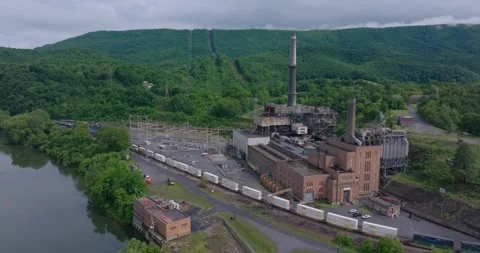 Former Glen Lyn Coal Station with Freight Train Backdrop Stock Footage 337223640