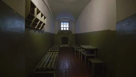 The former KGB prison. Cell in the basement of the museum. Stock Footage 288121523