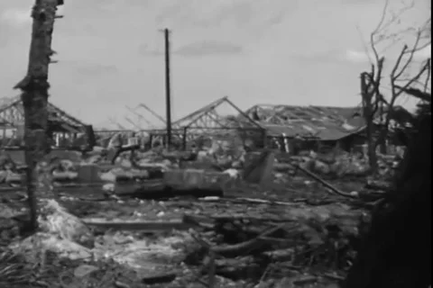Former U.S. Marine barracks destroyed by shellfire during battle of Guam- 1944 Stock Footage 93846608