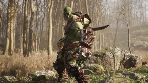A formidable orc warrior trains before battle and demonstrates combat skills Stock Illustration