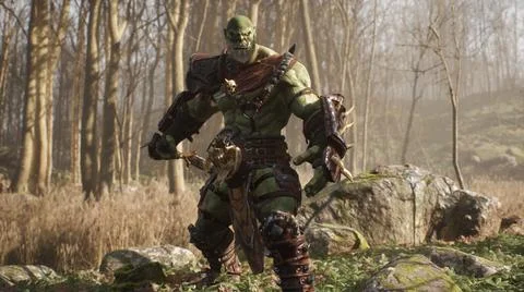 A formidable orc warrior trains before battle and demonstrates combat skills Stock Illustration