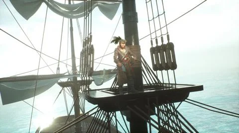 A formidable pirate on a ship looks through his spyglass. The man was created Stock-Illustration