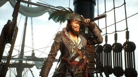 A formidable pirate on a ship looks through his spyglass. The man was created Illustrazione stock