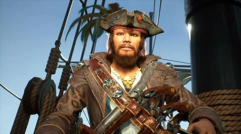 A formidable pirate on a ship looks through his spyglass. The man was created Stock Illustration