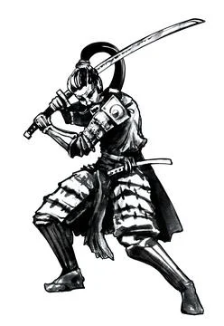 A formidable samurai in armor with a sword in his hands .  2D illustration . 库存插图