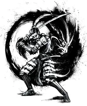 A formidable samurai in armor with a sword in his hands, and a dragon behind  Stock-Illustration