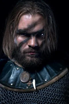 Formidable viking in chain armor. Medieval warrior. Northerner Stock Photos