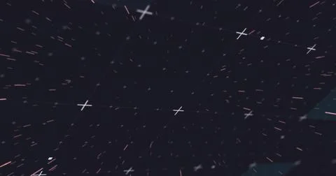 Forming 3D grid lines in digital space showing white plus markers, particles, Stock Photos