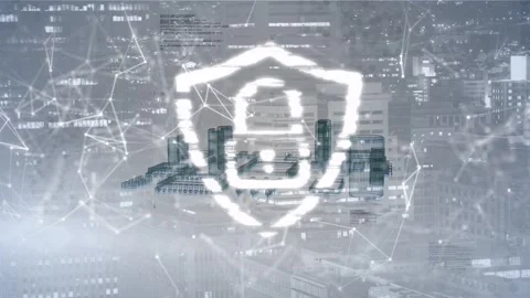 Forming bright shield emblem with padlock over foggy city skyline, showing Stock Footage 332881871