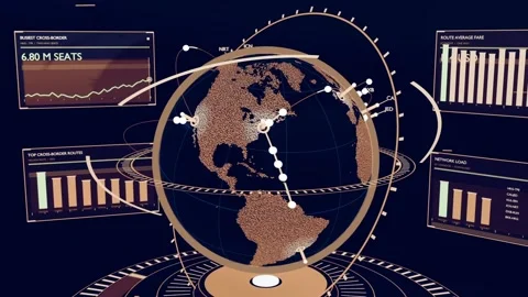 Forming central 3D globe rotating on navy stage, animating corridors and Stock Footage 341865010