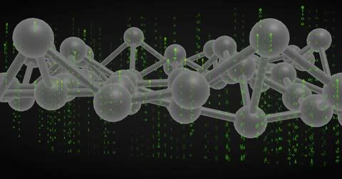 Forming central 3D network in virtual lab, translucent spheres and rods with Illustrazione stock