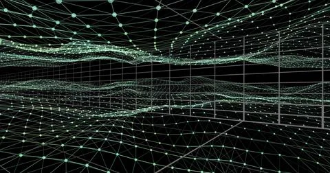 Forming central 3D wireframe mesh rippling in virtual space, glowing nodes and Stock Photos