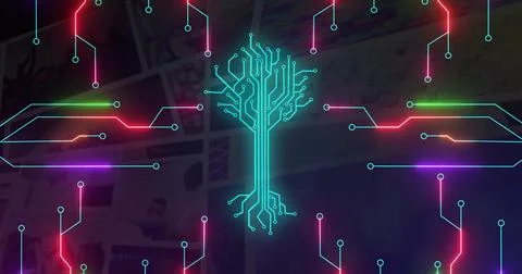 Forming central neon tree graphic glowing on digital interface, with neon Illustrazione stock