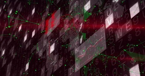 Forming central pixel cluster connecting green network nodes on digital screen, Illustrazione stock