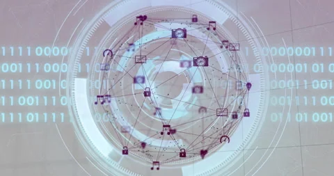 Forming complex data sphere, digital network of icons with binary code animation Stock Footage 303528860