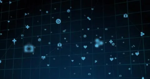 Forming dark navy digital grid network at digital interface, with floating Stock Illustration