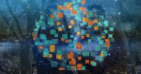 Forming data sphere floating at park clearing with human silhouettes, featuring Stock Photos