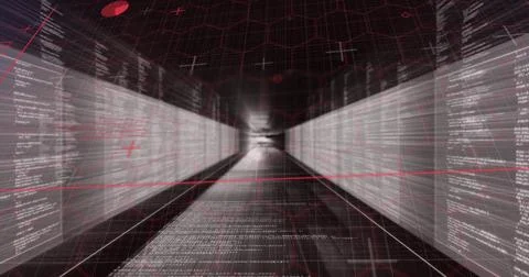 Forming data tunnel corridor in VR simulation, code panels with red grid and hex イラスト素材