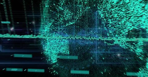Forming dense teal point cloud globe in virtual 3D data space, showing waveform, Stock Illustration