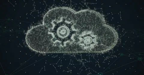 Forming digital cloud with glowing nodes and lines in dark interface, showing Foto stock
