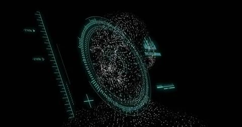 Forming digital humanoid silhouette from binary digits in virtual void showing Stock Illustration