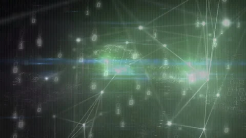 Forming digital landscape, animation of binary code and network connections in Stock Footage 305286036