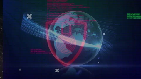 Forming globe rotating under shield overlay, lighting cities and sending data to Stock Footage 311141744