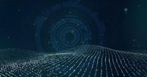 Forming glowing data point waves across digital landscape with circular HUD and Stock Photos