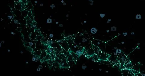 Forming glowing green network in virtual space, lines connecting nodes with Stock Illustration
