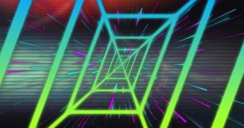 Forming glowing neon frames receding into digital tunnel, with grid walls, Stock Illustration