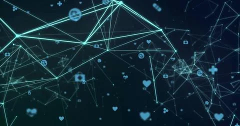 Forming glowing turquoise network map in virtual digital space, with medical and Stock Illustration