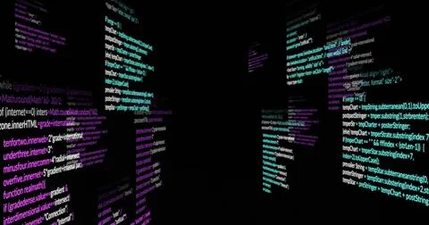 Forming glowing vertical code panels receding into virtual corridor, displaying 스톡 사진
