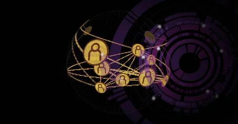 Forming gold avatars in dotted sphere at center, glowing lines linking nodes Stock Illustration